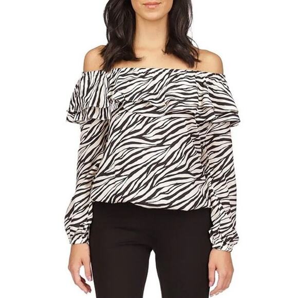 MICHAEL KORS Zebra Off-the-Shoulder Long Sleeve Ruffle Crepe Top NWT Medium - Picture 1 of 11